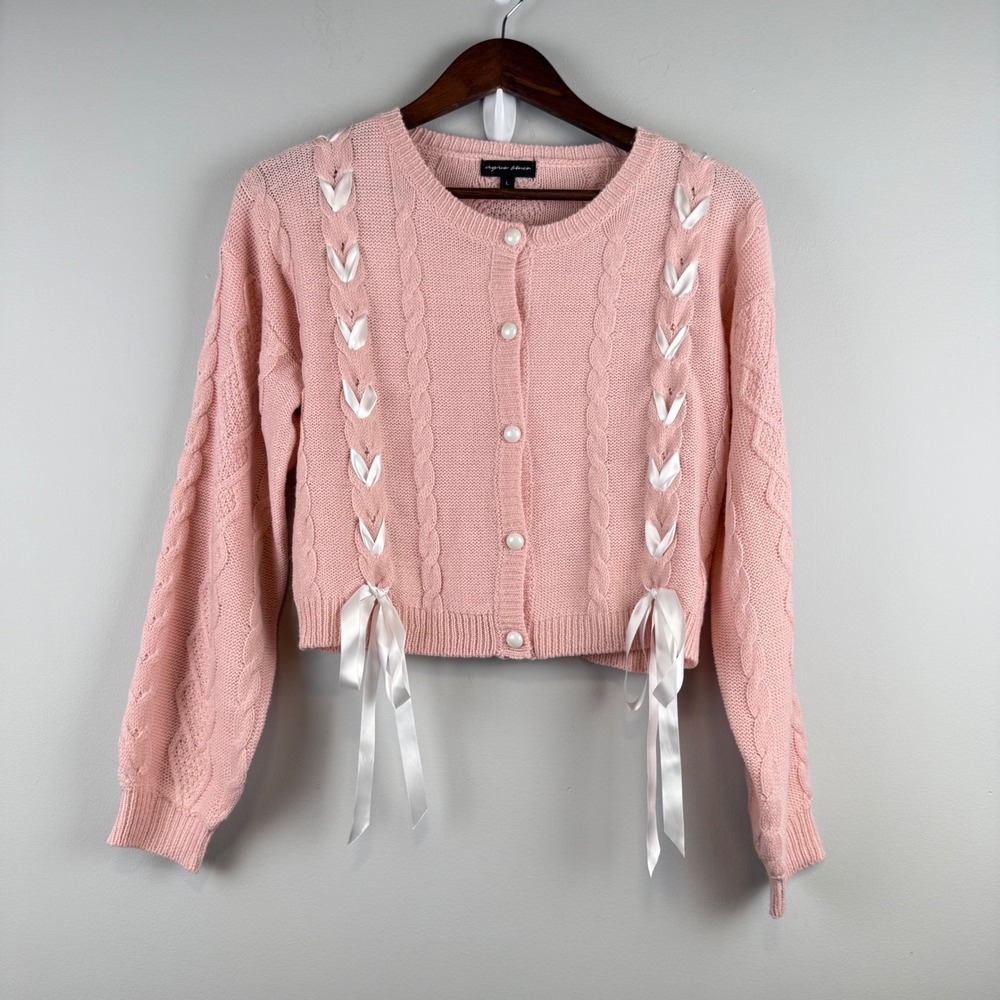 Aqua Blues Ribbon Lace Up Cable Knit Sweater Womens L Pink Balletcore Coquette